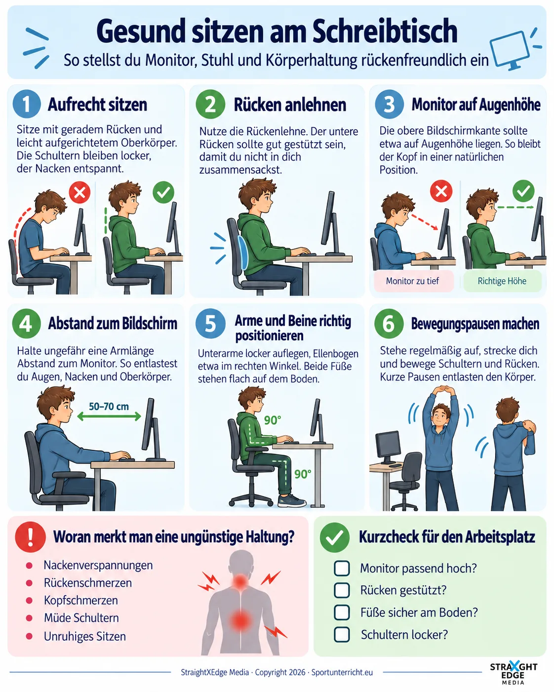 Gesund sitzen am Schreibtisch &ndash; Monitor, Stuhl und K&ouml;rperhaltung r&uuml;ckenfreundlich einstellen