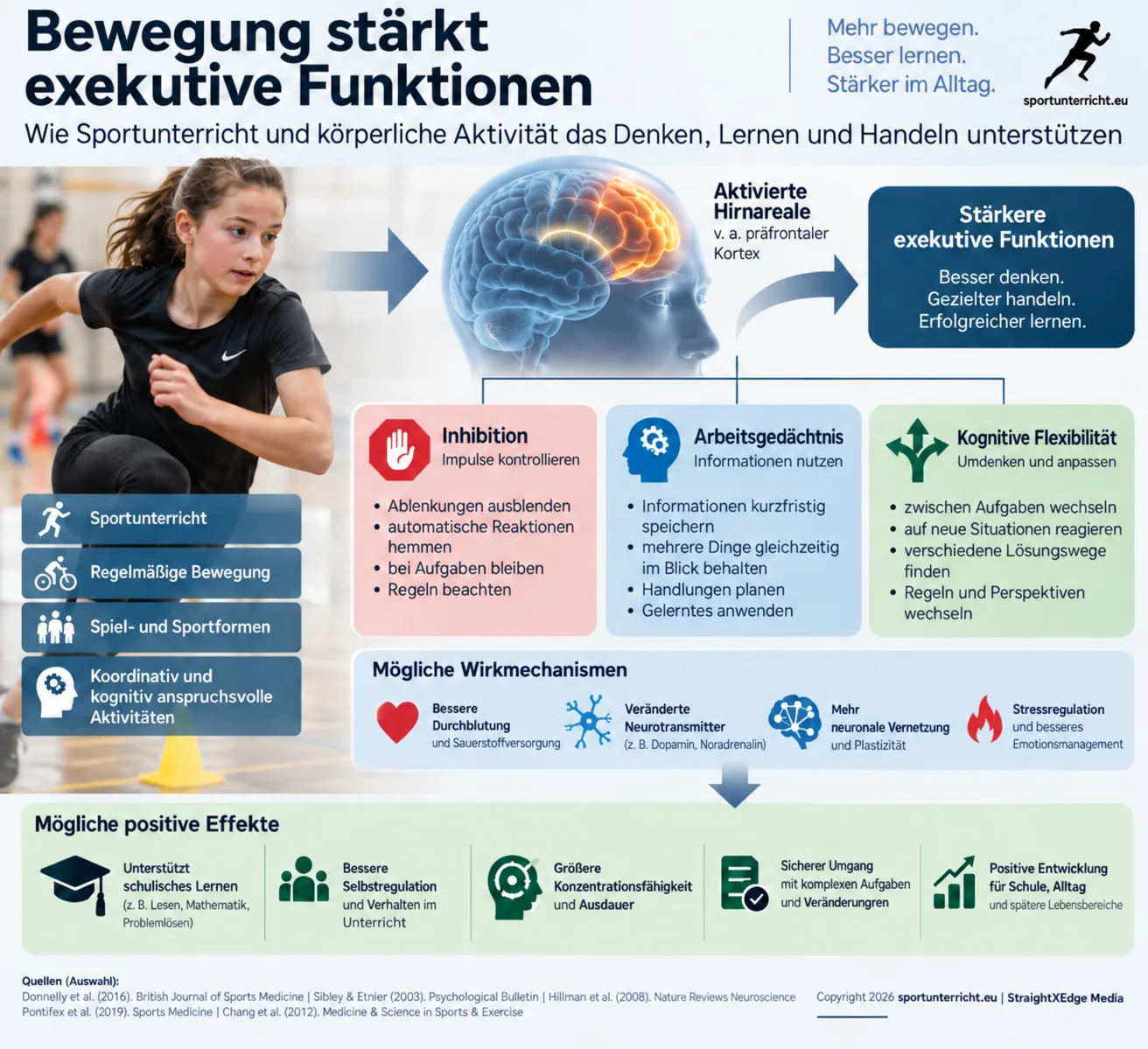 Infografik: Bewegung st&auml;rkt exekutive Funktionen. Sportunterricht, regelm&auml;&szlig;ige Bewegung sowie koordinativ und kognitiv anspruchsvolle Aktivit&auml;ten aktivieren vor allem den pr&auml;frontalen Kortex und st&auml;rken drei exekutive Funktionen: Inhibition, Arbeitsged&auml;chtnis und kognitive Flexibilit&auml;t. M&ouml;gliche Wirkmechanismen sind bessere Durchblutung und Sauerstoffversorgung, ver&auml;nderte Neurotransmitter wie Dopamin und Noradrenalin, mehr neuronale Vernetzung und Plastizit&auml;t sowie Stressregulation. M&ouml;gliche positive Effekte: Unterst&uuml;tzung schulischen Lernens beim Lesen, in Mathematik und beim Probleml&ouml;sen, bessere Selbstregulation und Verhalten im Unterricht, gr&ouml;&szlig;ere Konzentrationsf&auml;higkeit und Ausdauer, sicherer Umgang mit komplexen Aufgaben und Ver&auml;nderungen
