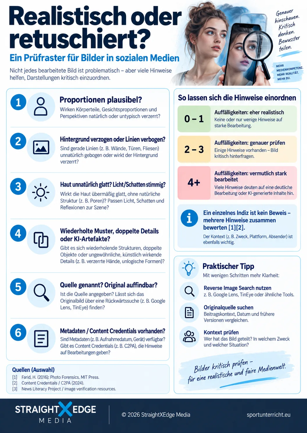 Realistisch oder retuschiert? &ndash; sechs Pr&uuml;fmerkmale f&uuml;r Bilder in sozialen Medien, mit Einordnungsskala und praktischen Tipps zur R&uuml;ckw&auml;rtssuche